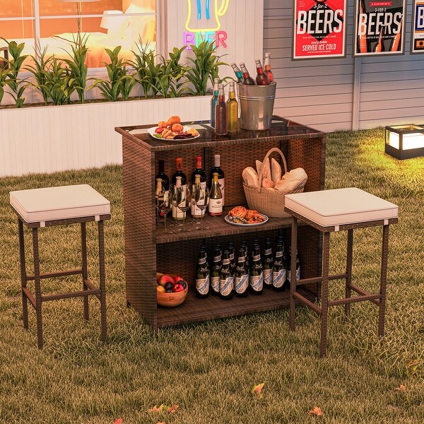 3 Pcs Patio Bar Set with Tempered Glass TabletopBrown