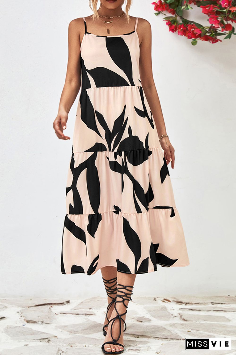 Printed Spaghetti Strap Tiered Maxi Dress