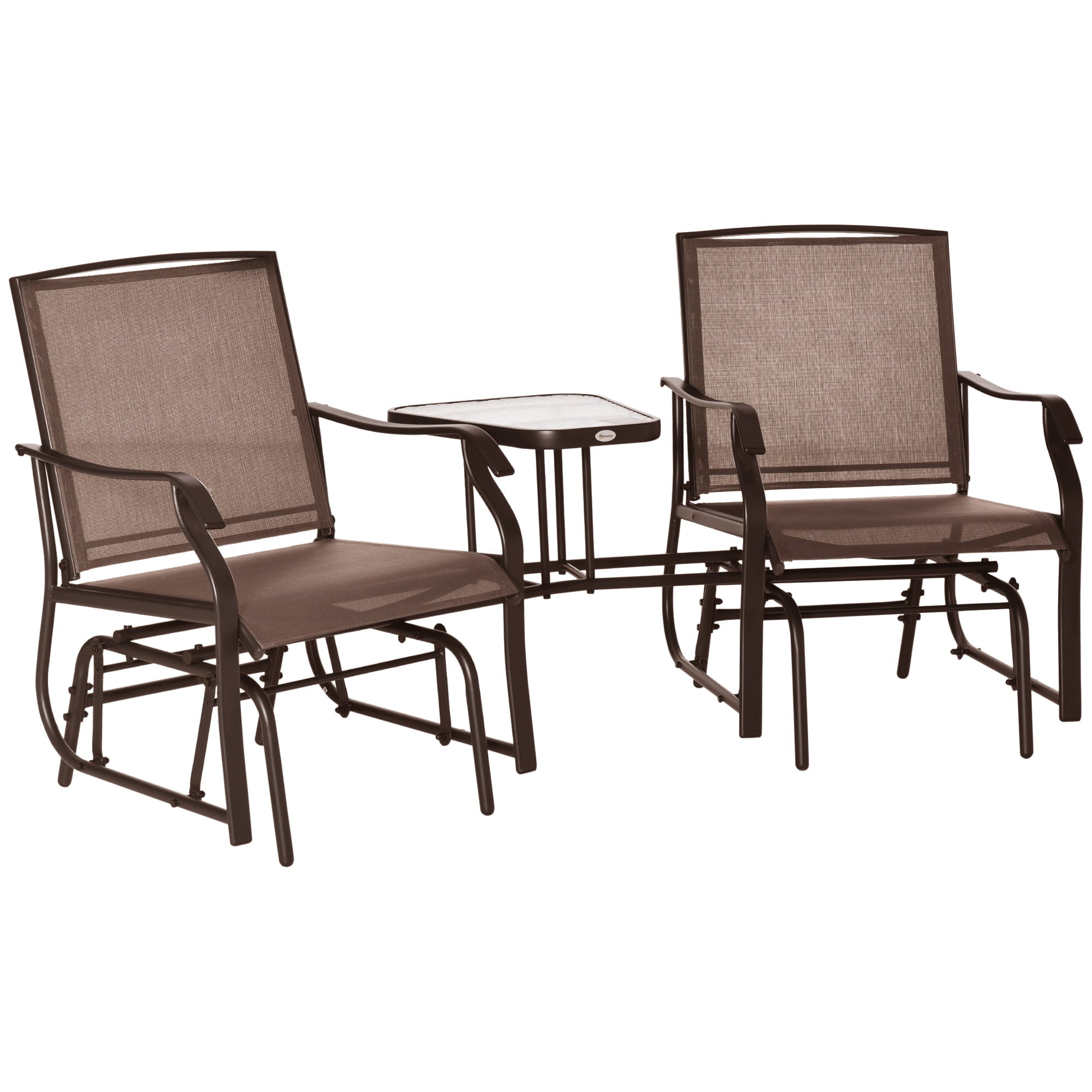 Outsunny Outdoor Glider Chairs with Coffee Table 2-Seat Chair Swing Loveseat with Sling Coffee Brown