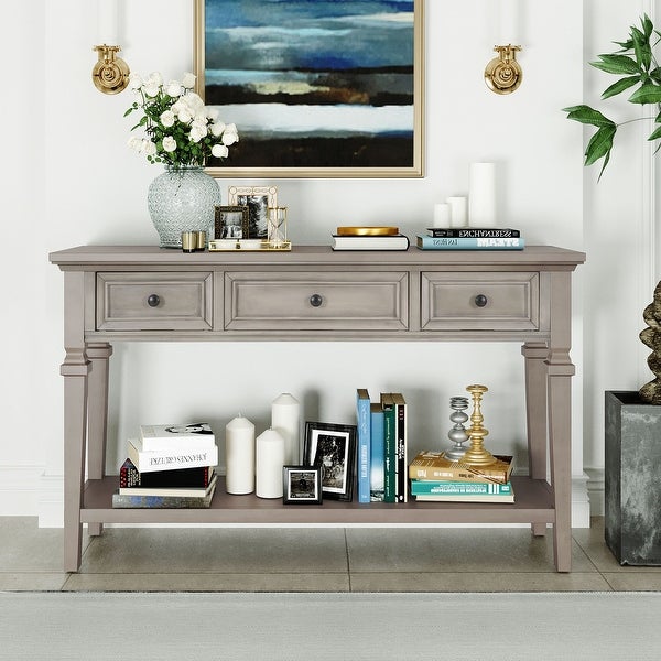 Gray Wash 3-Drawer Entryway Console Table with Bottom Shelf