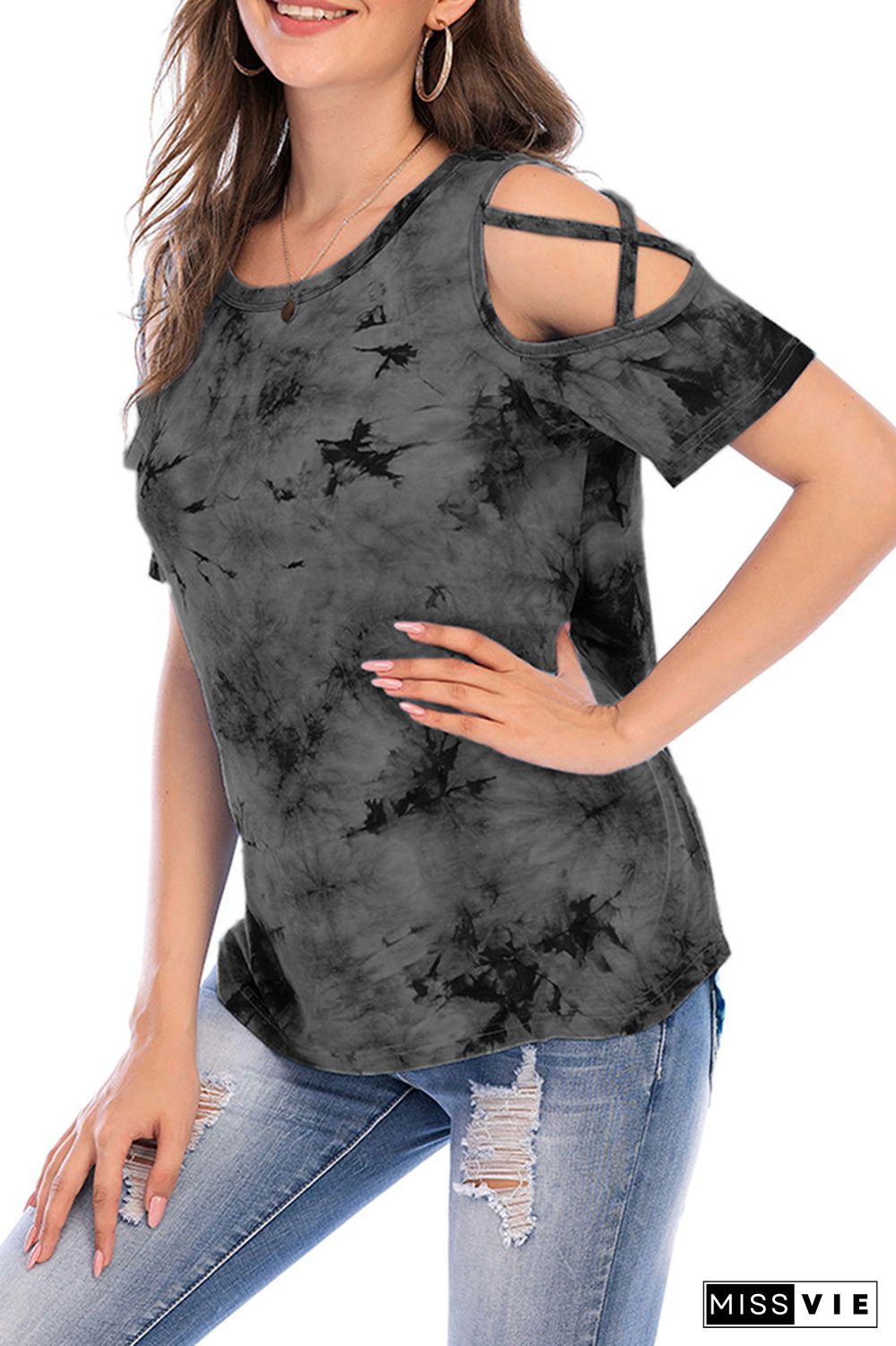 Criss-Cross Short Sleeve Crew Neck Tie Dye T-Shirt Wholesale