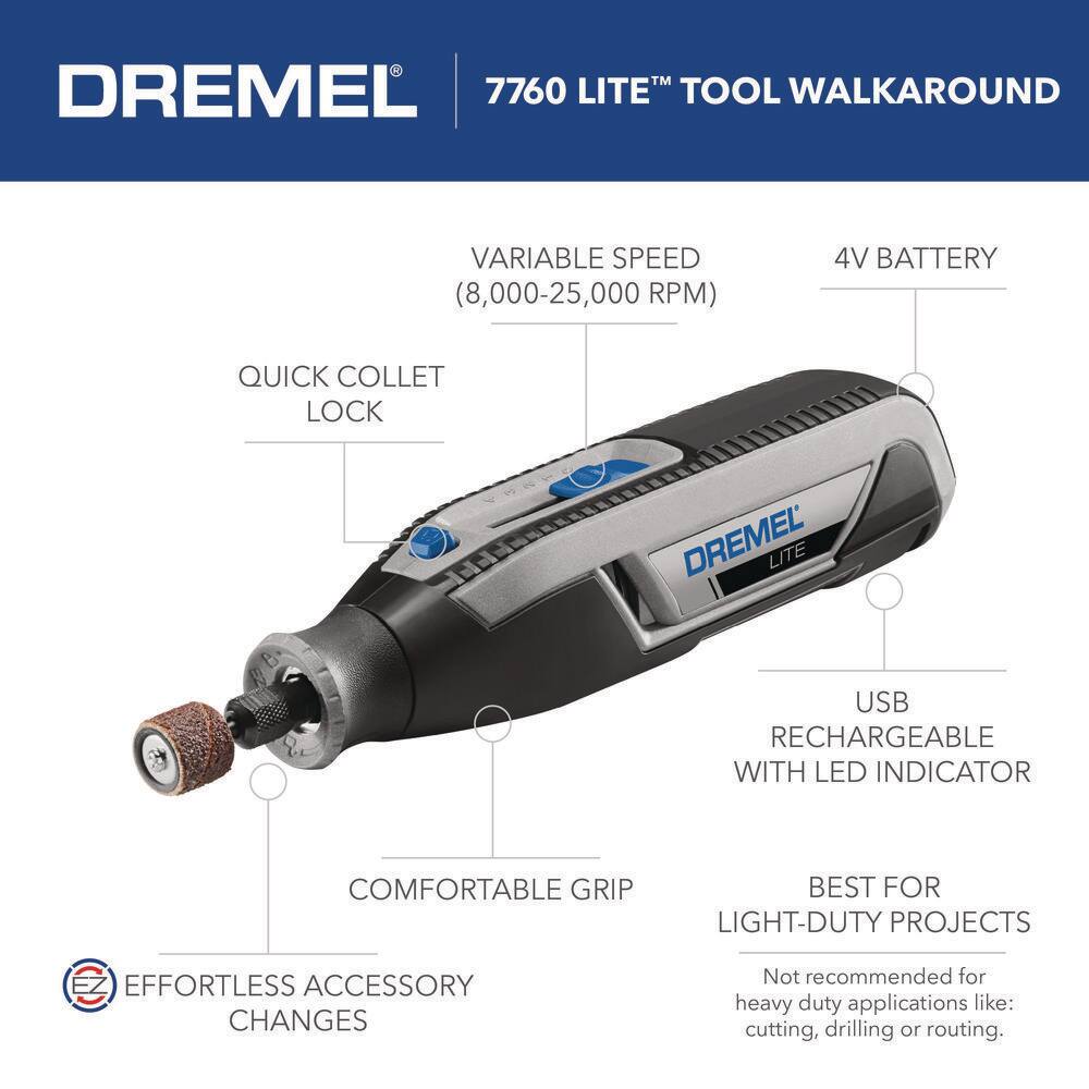 Dremel Lite 7760 4V Variable Speed Lithium Ion Cordless Rotary Tool Kit with 10 Accessories 7760-N10