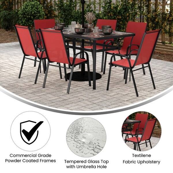 Commercial 7 Pc Outdoor Patio Dining Set with Glass Table and 6 Chairs