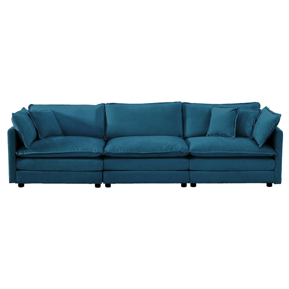 Chenille Recliner Loveseat Sofa 3 Seater Blue Sofa with 5 Toss Pillows