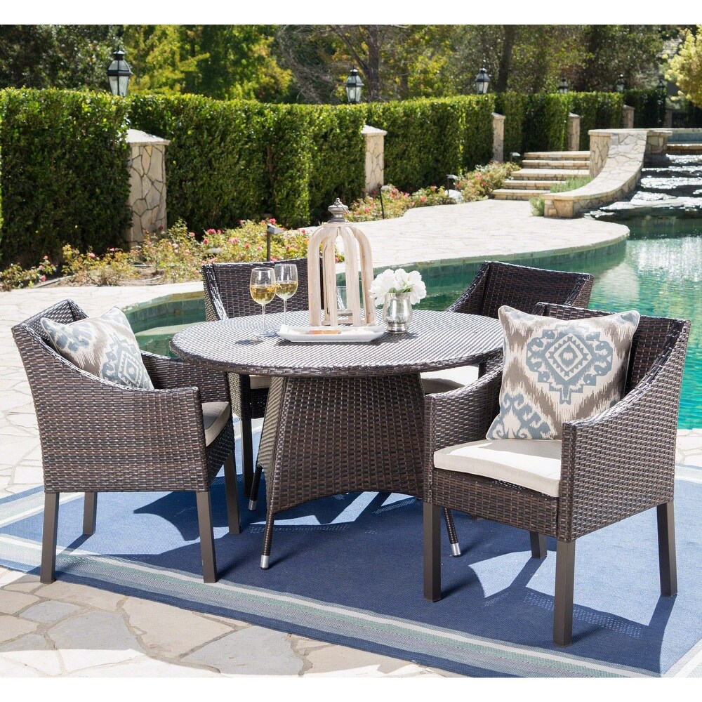 Franco Outdoor 5 piece Round Wicker Dining Set with Cushions   Umbrella Hole by Christopher Knight Home