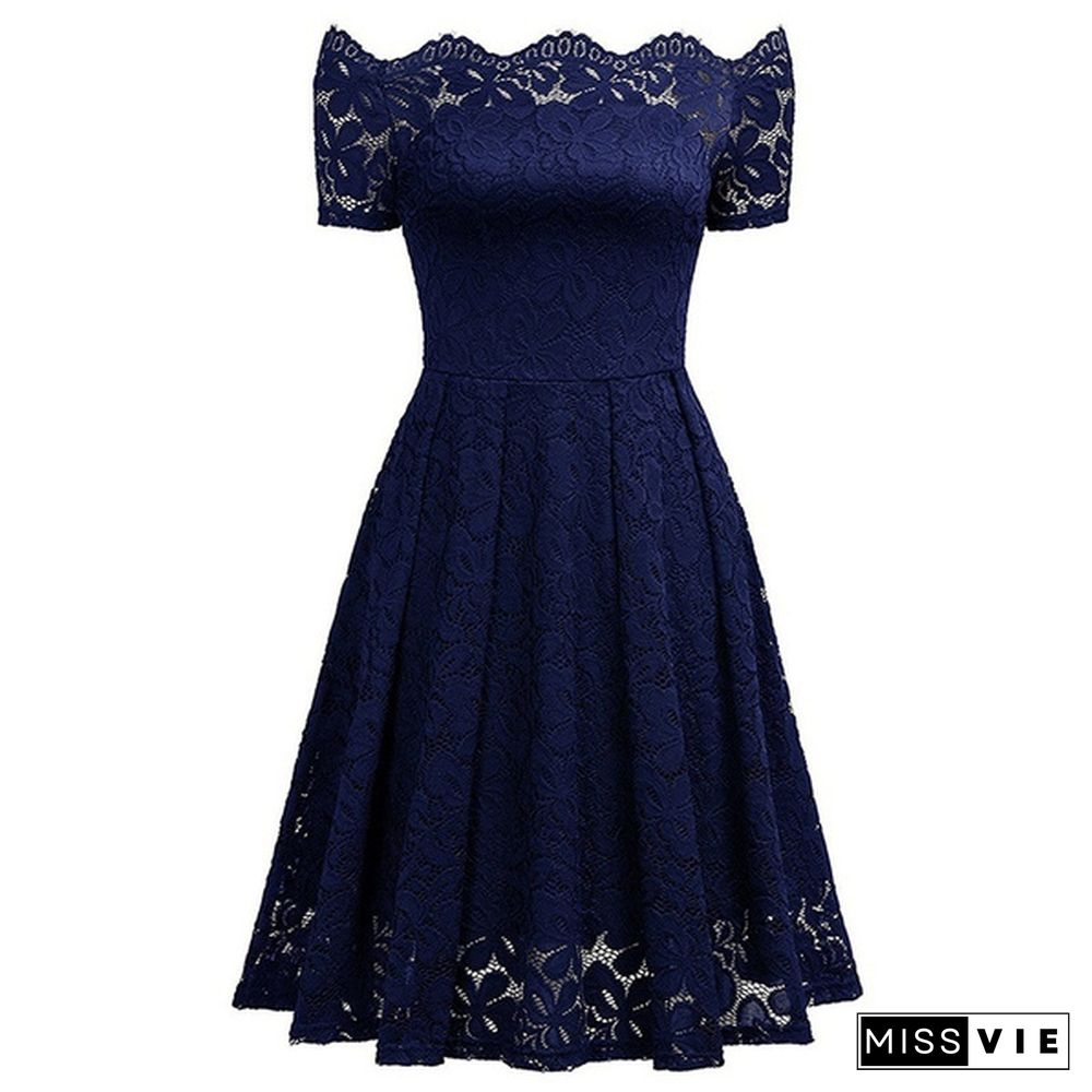 New Fashion Women Off Shoulder Slim Fit Lace Dress Elegant Strapless Short Sleeve Cutout Party Dresses Solid Color Back Swing Mini Dresses Evening Gowns Prom Dress