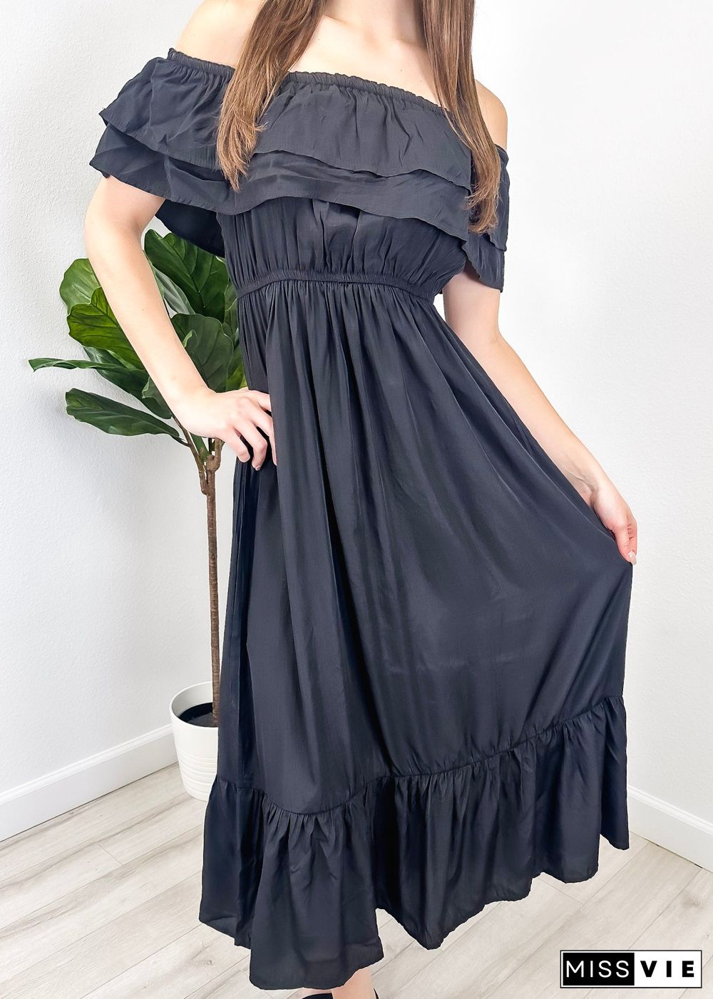 Grecian Ruffle Stretch Maxi Long Dress