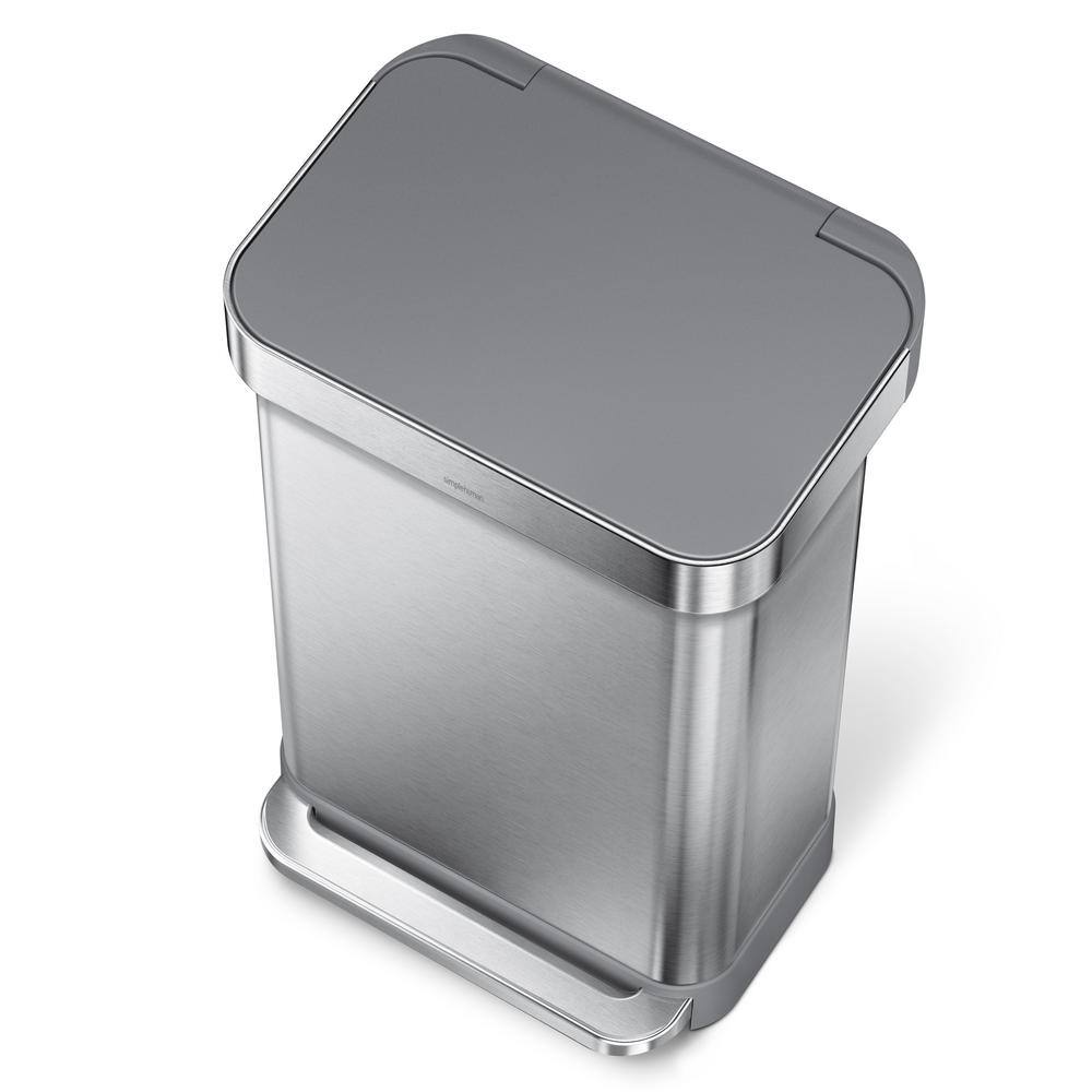 simplehuman 45 l Liner Rim Rectangular Step Trash Can Brushed Stainless Steel with Grey Plastic Lid CW2080