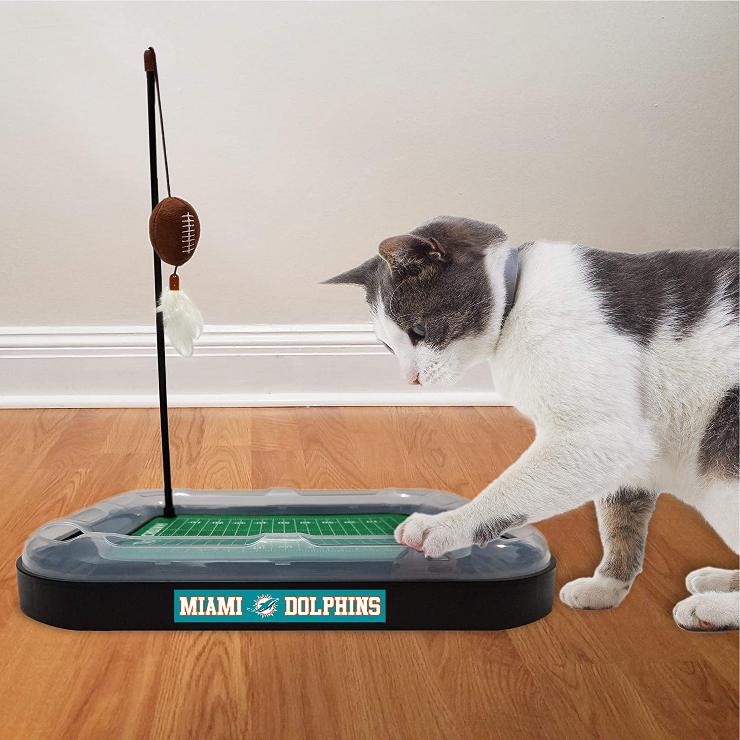 NFL Miami Dolphins Cat Scratcher Toy with Catnip Plush and Feather Cat and Kitty Toy