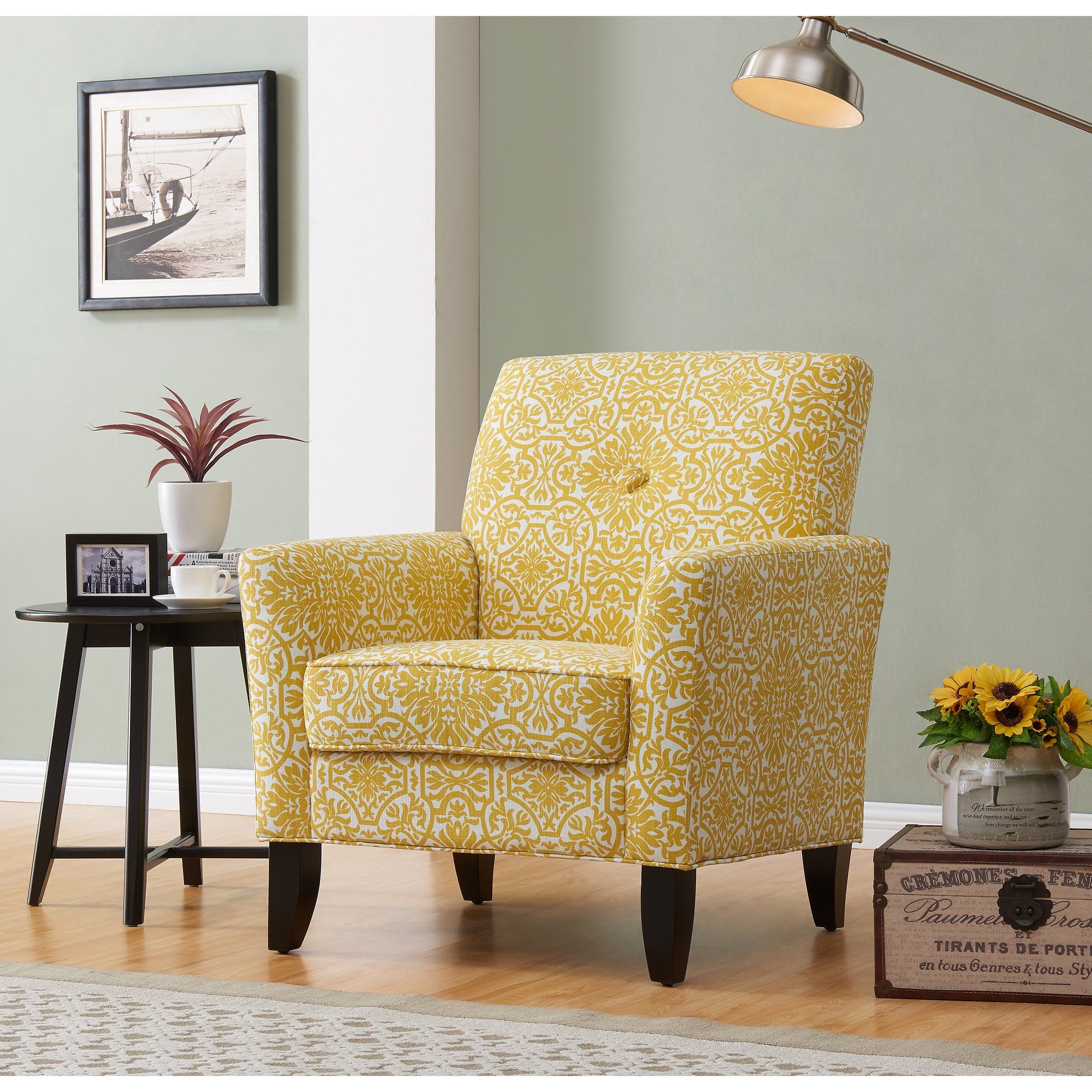 Handy Living Alex Gold Damask Upholstered Arm Chair