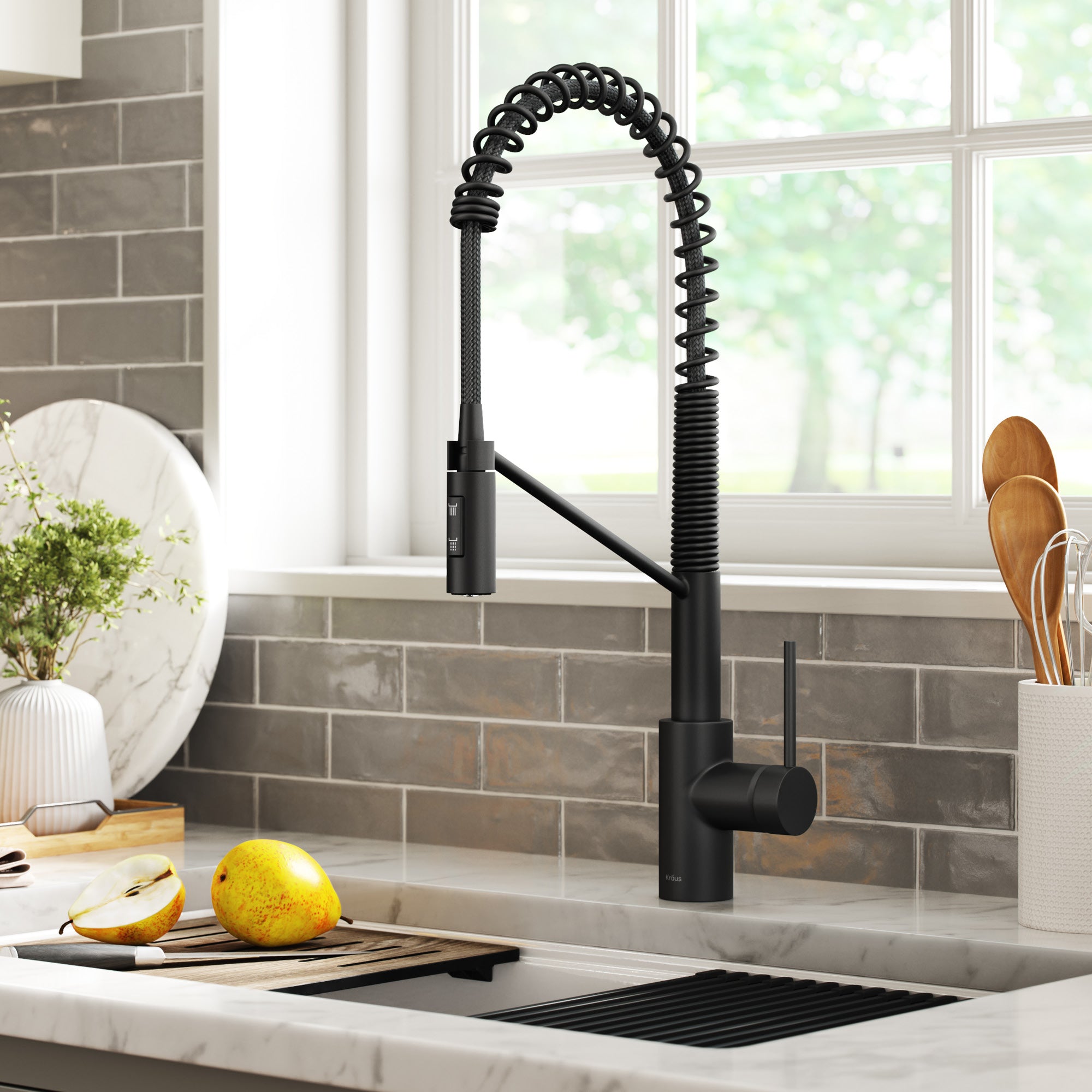 Kraus Oletto Commercial Style Pull-Down Single Handle Kitchen Faucet with QuickDock Top Mount Installation Assembly in Matte Black