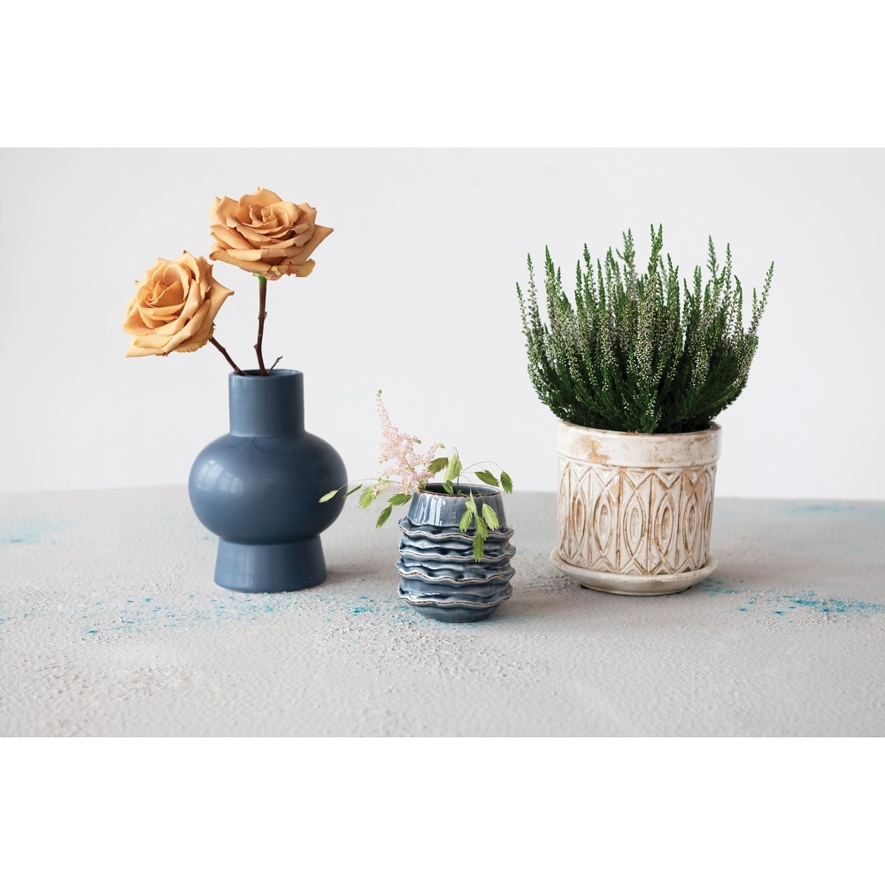 Debossed Terra cotta Planter with Patterns  Saucer  and Distressed Finish