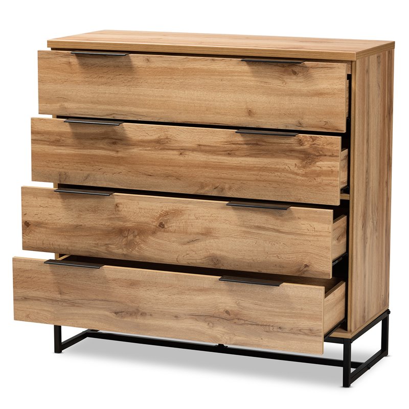 Bowery Hill Industrial Oak Finished Wood Black Metal 4-Drawer Dresser