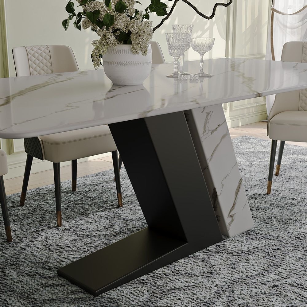 Modern and Luxury White Dining Table  with Rectangular Sintered Stone Tabletop Z shaped Stainless Steel Base