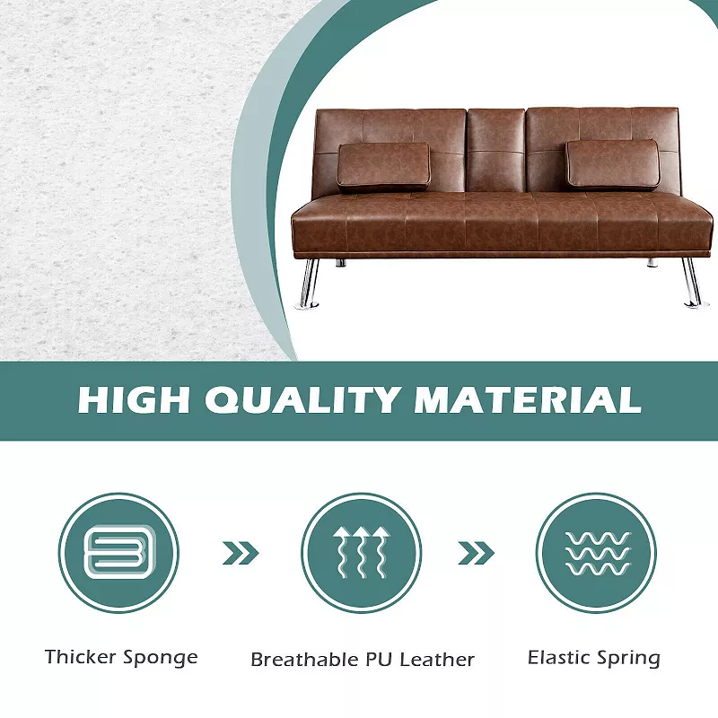 Convertible Folding Leather Futon Sofa with Cup Holders and Armrests