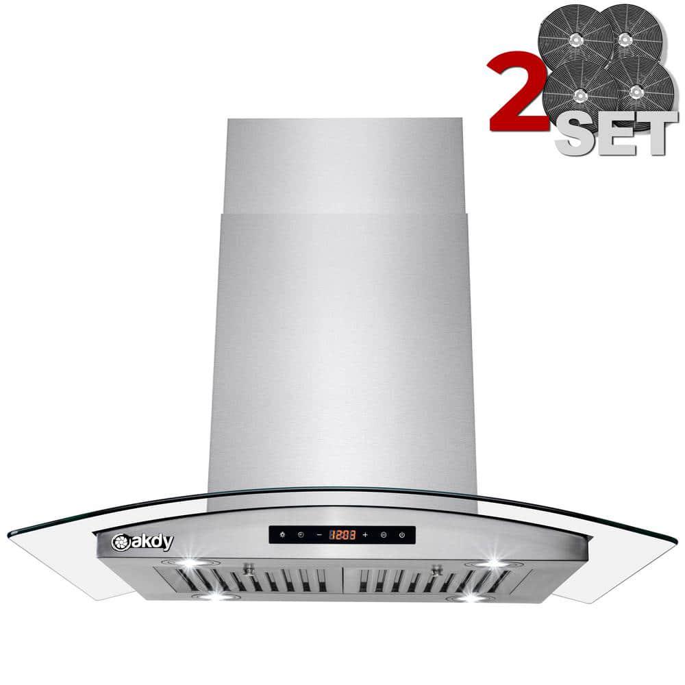 AKDY 30 in 343 CFM Convertible Island Mount Range Hood in Stainless Steel Tempered Glass with 2 Set Carbon Filter