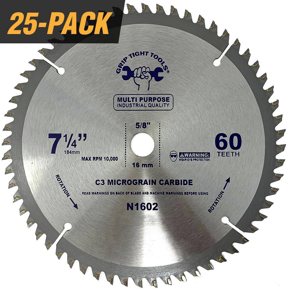 GRIP TIGHT TOOLS 7-14 in. Professional 60-Tooth Tungsten Carbide Tipped Circular Saw Blade for General Purpose  Wood Cutting (25-Pack) N1602-25