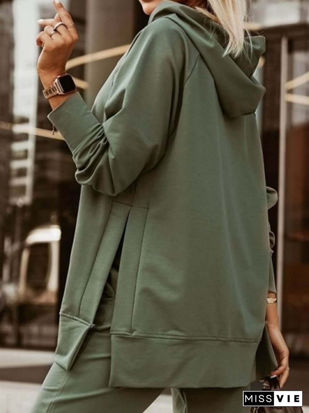 Casual Hoodie Plain Loose Side Slit Plus Size Sweatshirts