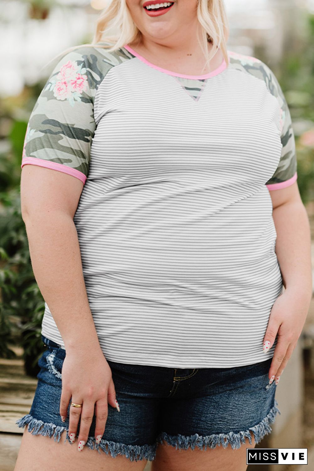 Gray Plus Size Camo Sleeve Striped Tee