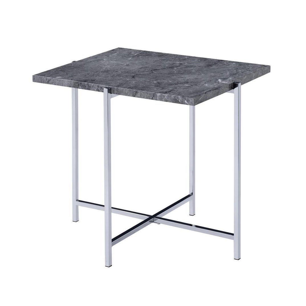 Contemporary Marble Top End Table with Trestle Base ， Gray and Silver - 24 H x 25 W x 20 L Inches