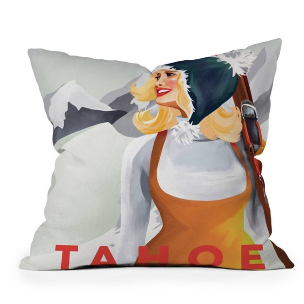 The Whiskey Ginger Apres Tahoe Cute Retro Pinup Girl Square Throw Pillow Gray Deny Designs