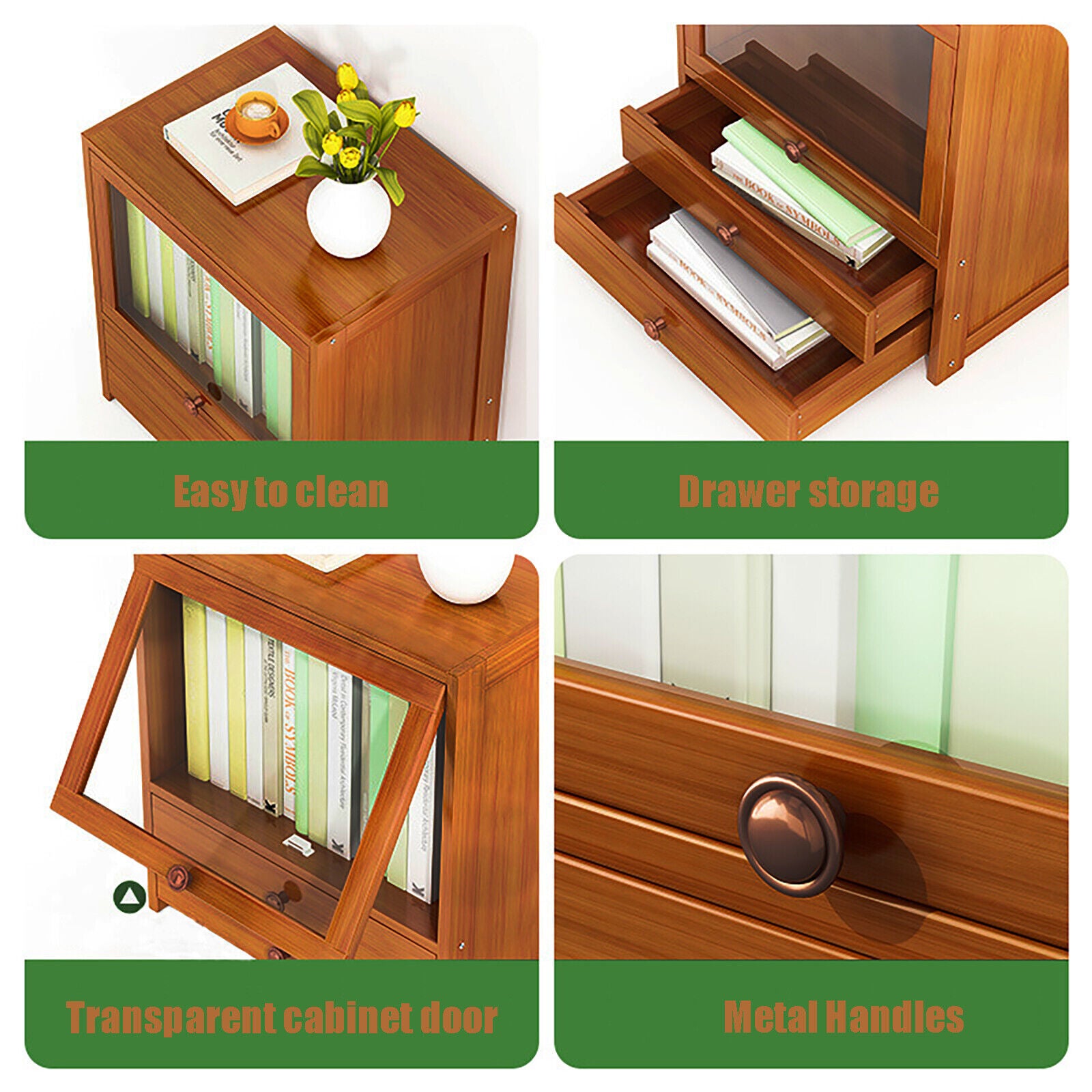 OUKANING 2*Drawer Vintage Nightstand Bedside Table Bamboo Wood Sofa Side Table Metal Handle Book Storage Cabinet