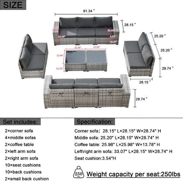 HOOOWOOO 12Piece Outdoor Patio Furniture Modular Wide Armrest Sectional Sofa Set