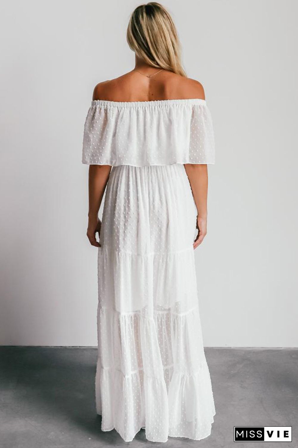 White Off Shoulder Ruffle Swiss Dot Maxi Dress