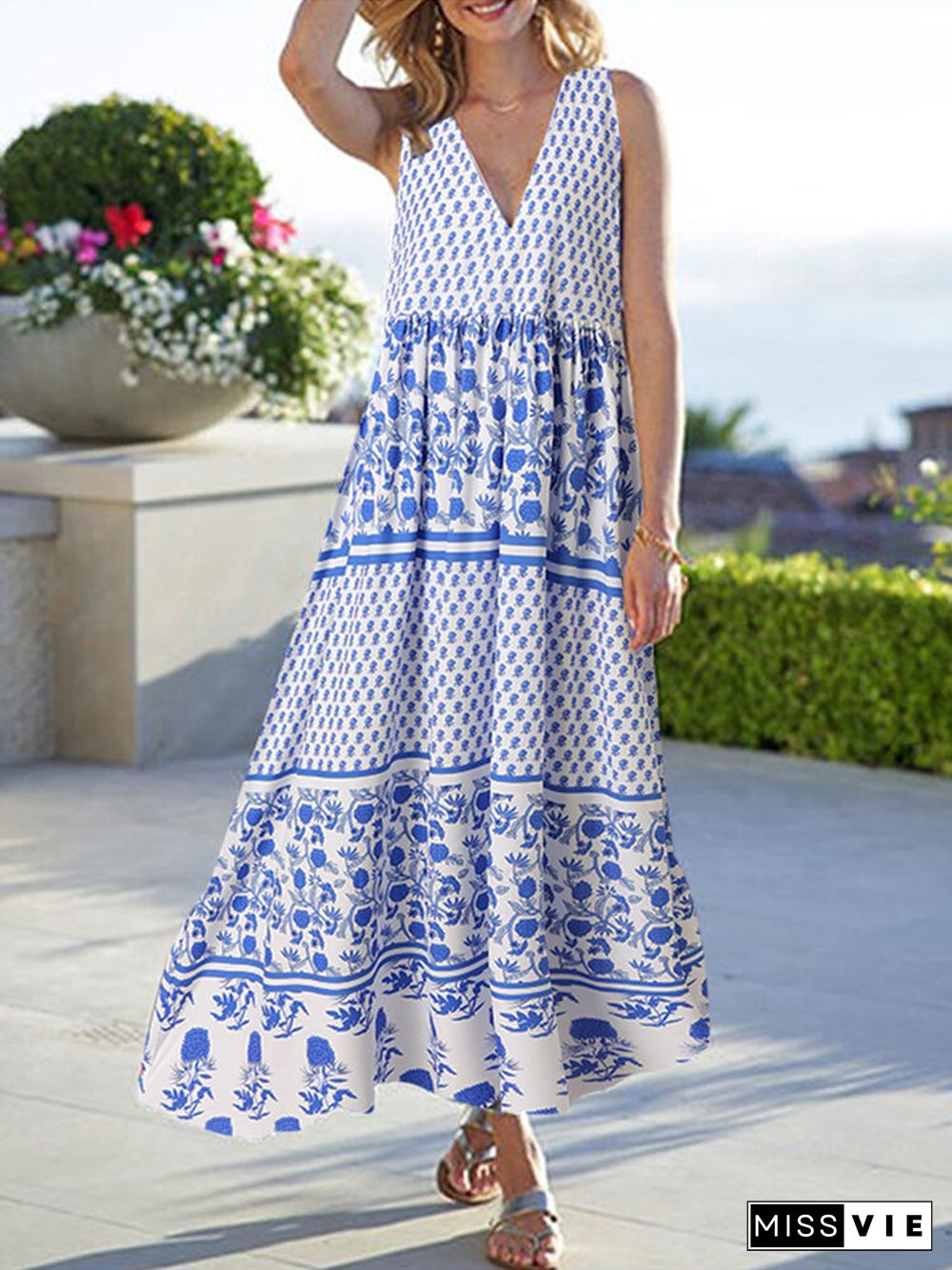 Floral Stripe Print V-neck Sleeveless Swing A-line Maxi Dress