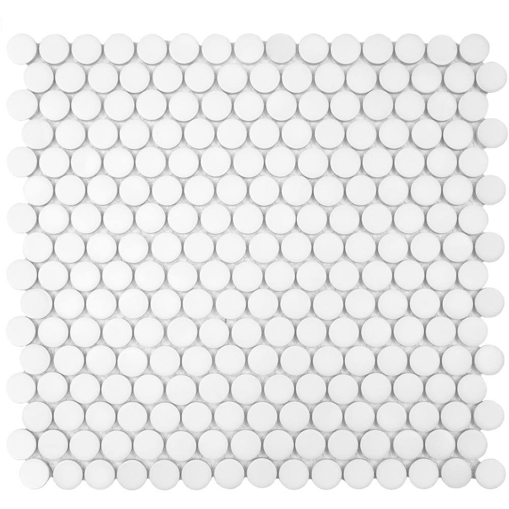 Merola Tile Hudson Penny Round Matte White 12 in. x 12 58 in. x 5 mm Porcelain Mosaic Tile 10.7 sq. ft.  case FKOMPR10