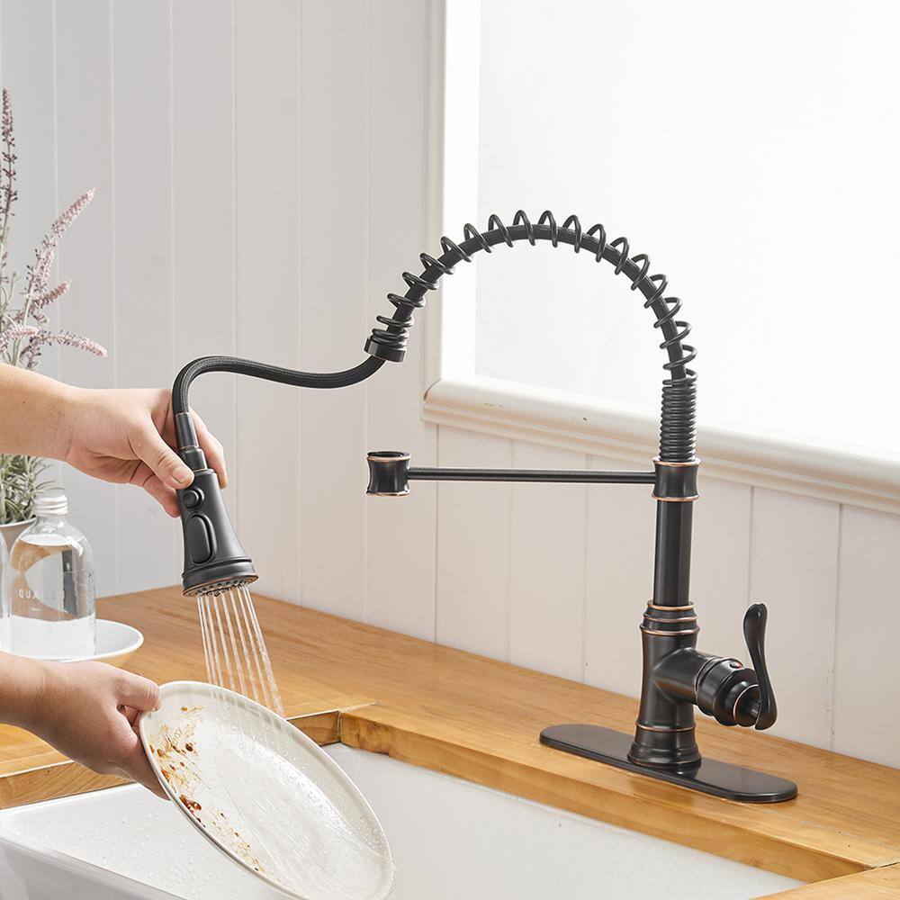 BWE Single-Handle Pull-Down Sprayer 3 Spray High Arc Kitchen Faucet With Deck Plate in Oil Rubbed Bronze A-94553-ORB