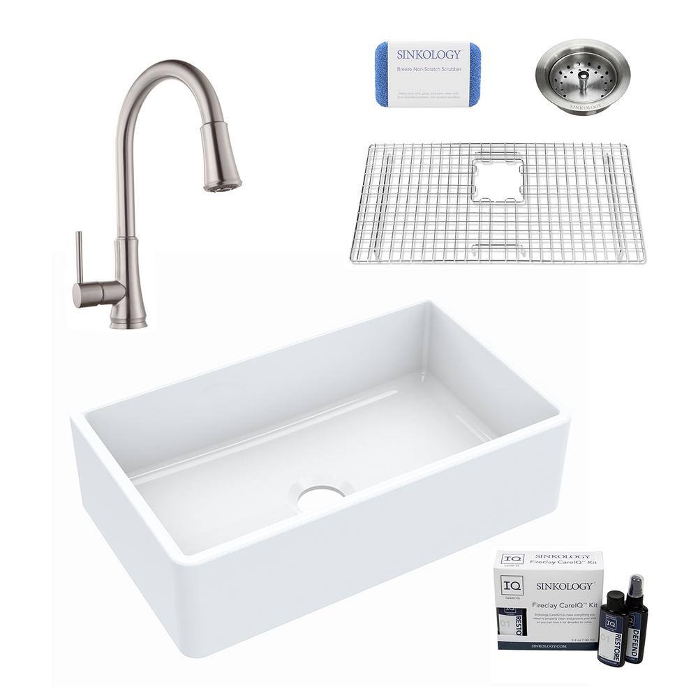 SINKOLOGY Inspire All-in-One Farmhouse Apron Front Fireclay 30 in. Single Bowl Kitchen Sink with Pfister Faucet and Drain SK404-30-PF1