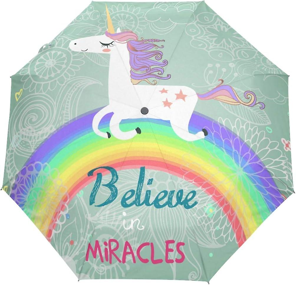 Travel Umbrella Automatic Windproof Foldable Umbrella Sleeping Unicorn With Rainbow