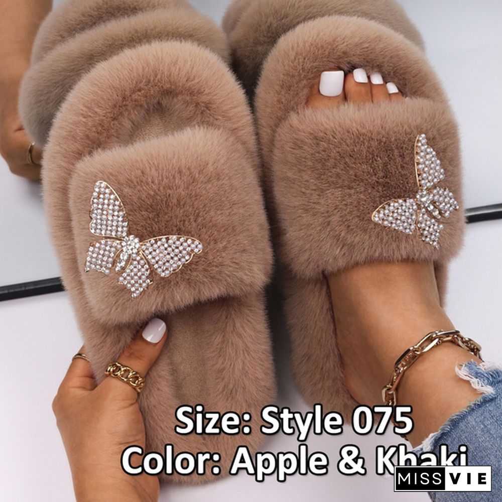 Fluffy Warm Women Home Slippers Fur Rhinestone Crystal Platform Shoes Indoor Flip Flops Female Soft Casual Slides Cotton Fur Slippers