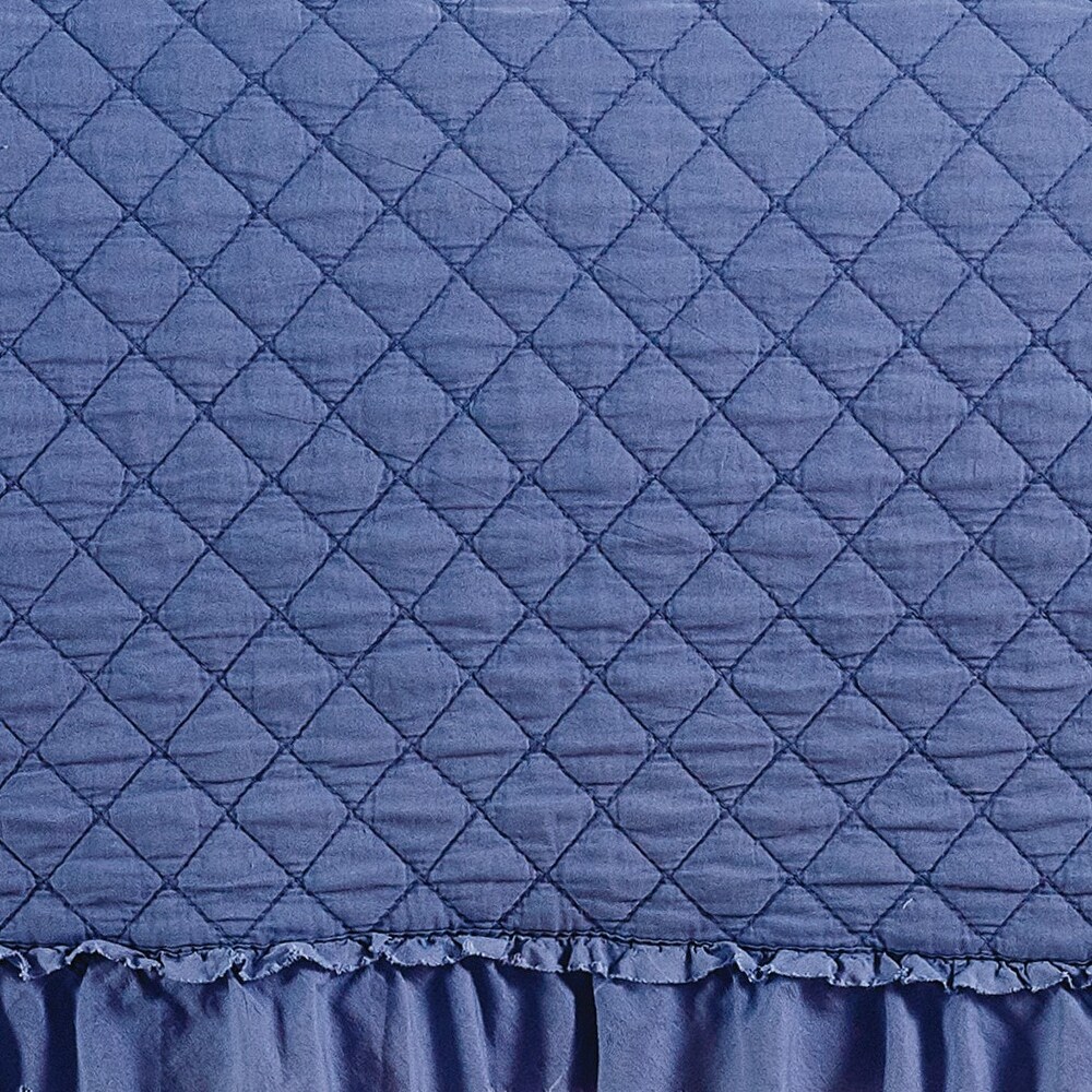 Stonewashed Super Soft Diamond Stitched with Ruffle Border Embroidered Quilt Set Blue