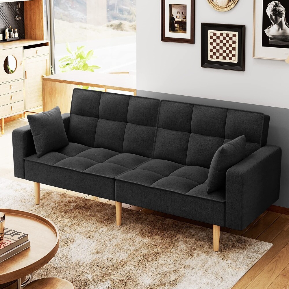 Linen Couches Upholstered Futon Sofa Bed with Thicken Wood Legs