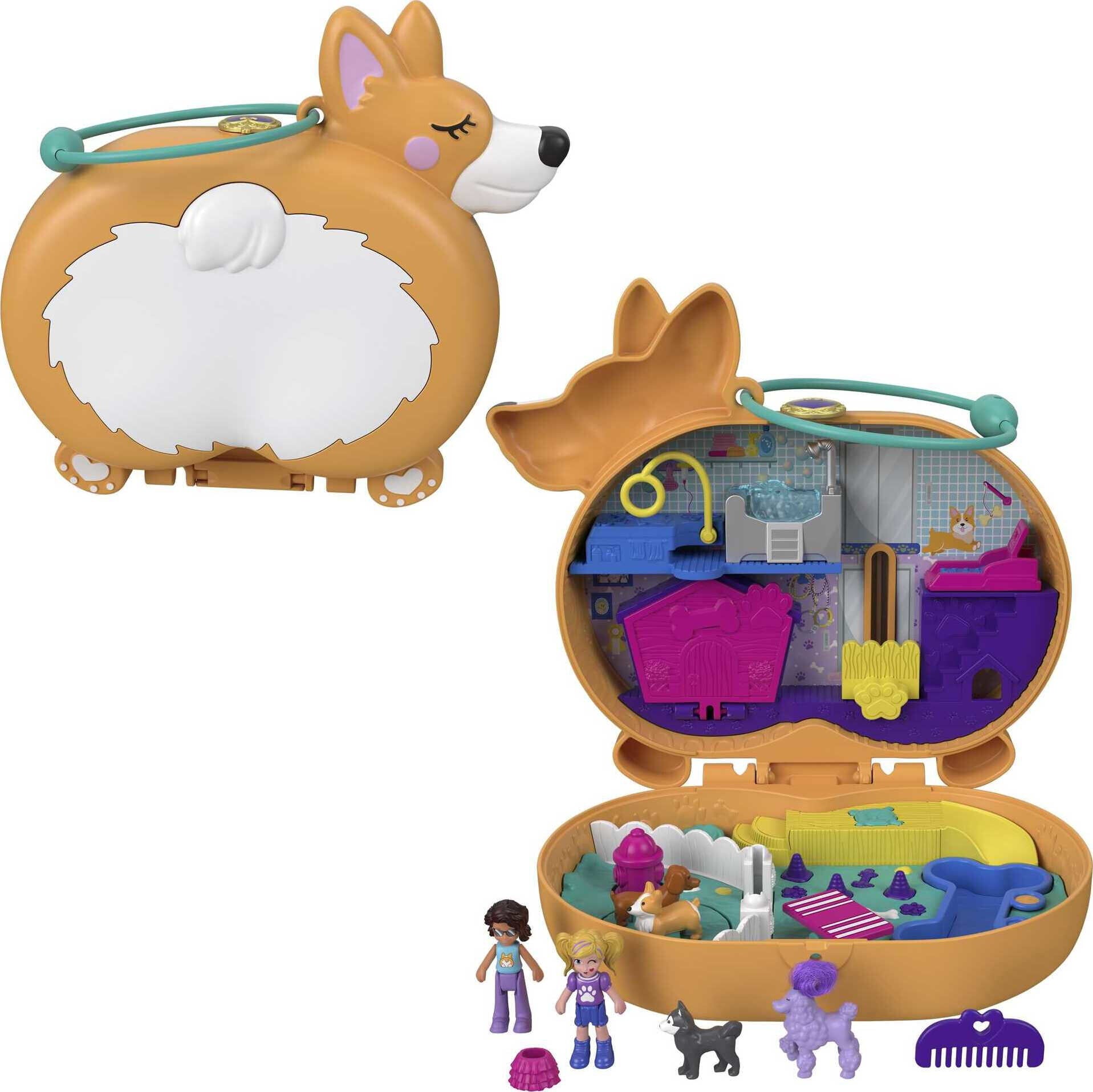 Polly Pocket Corgi Cuddles Compact Playset with 2 Micro Dolls and Accessories, Travel Toys