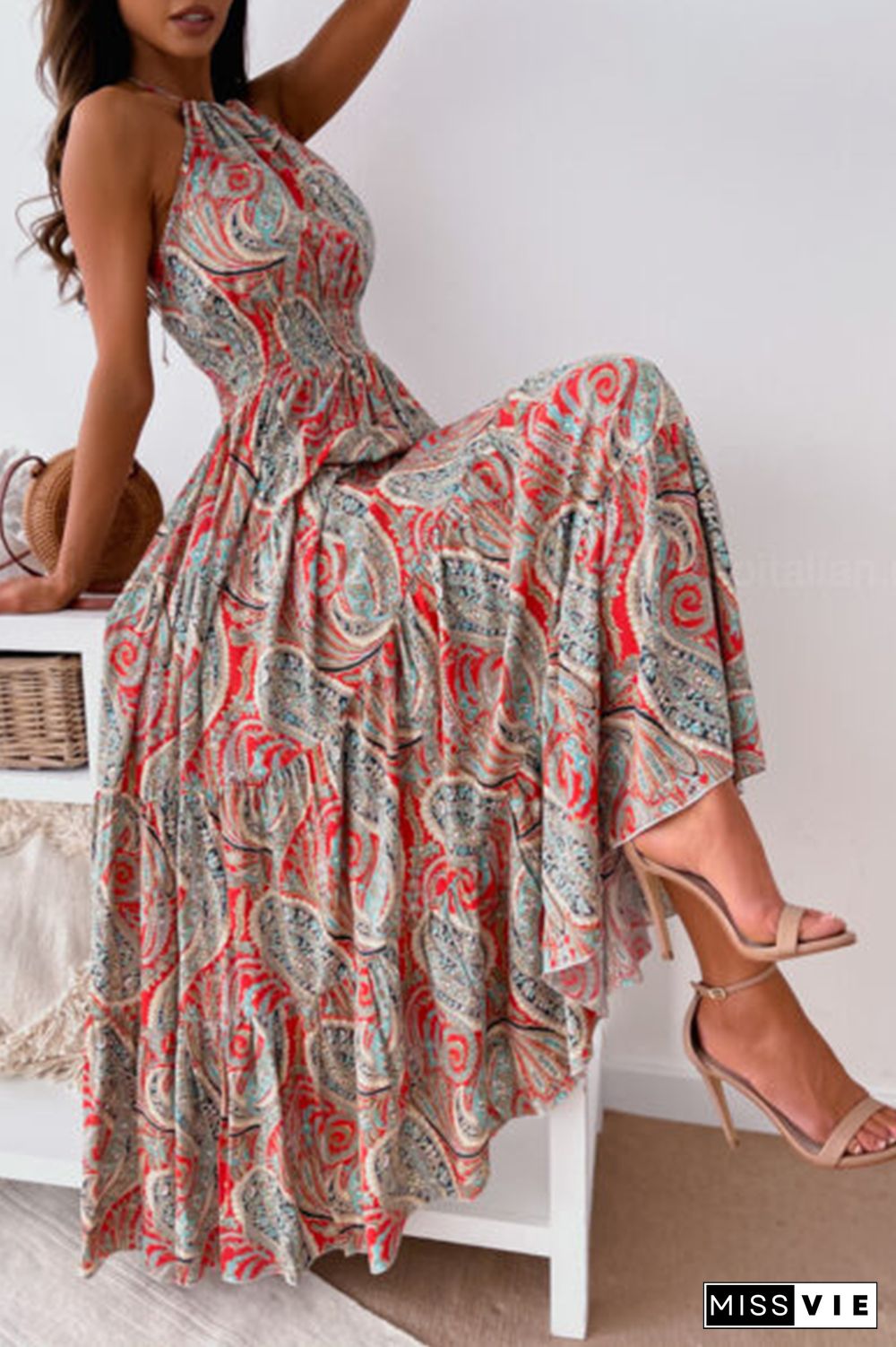 Fashion Print Split Joint Halter Waist Skirt Dresses