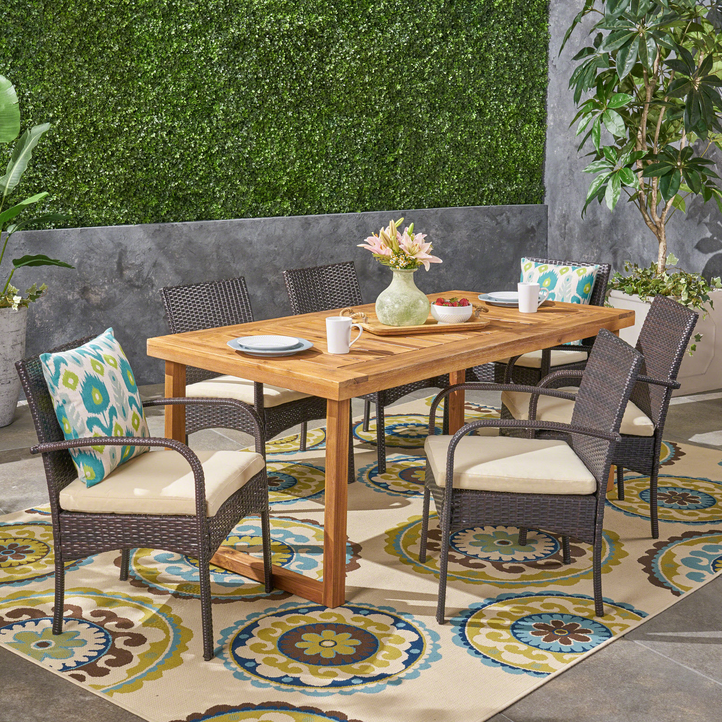 Camryn Outdoor 6-Seater Acacia Wood Dining Set with Wicker Chairs, Sandblast Natural Finish and Multi Brown and Cream