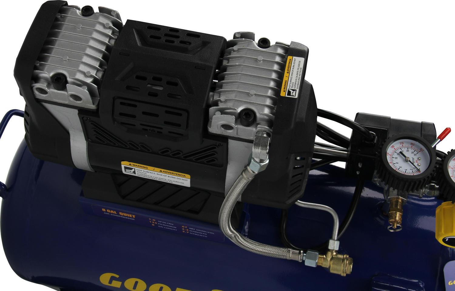 Goodyear. 8 Gallon Quiet. Oil-Free Horizontal Air Compressor. Portable with Handle and Wheels