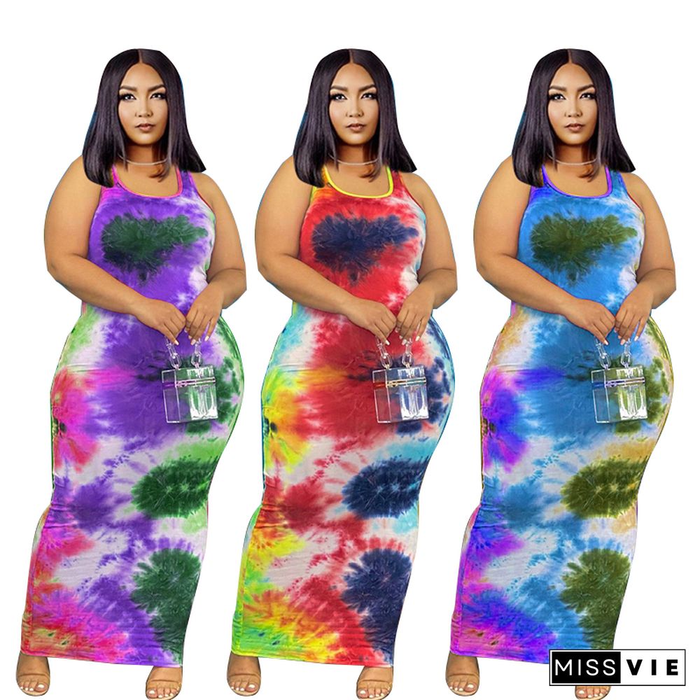 Tie Dye Sleeveless O Neck Plus Size Maxi Dress