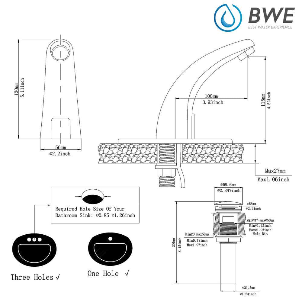 BWE DC Powered Commercial Touchless Single Hole Bathroom Faucet With Deck Plate and Pop Up Drain In Oil Rubbed Bronze