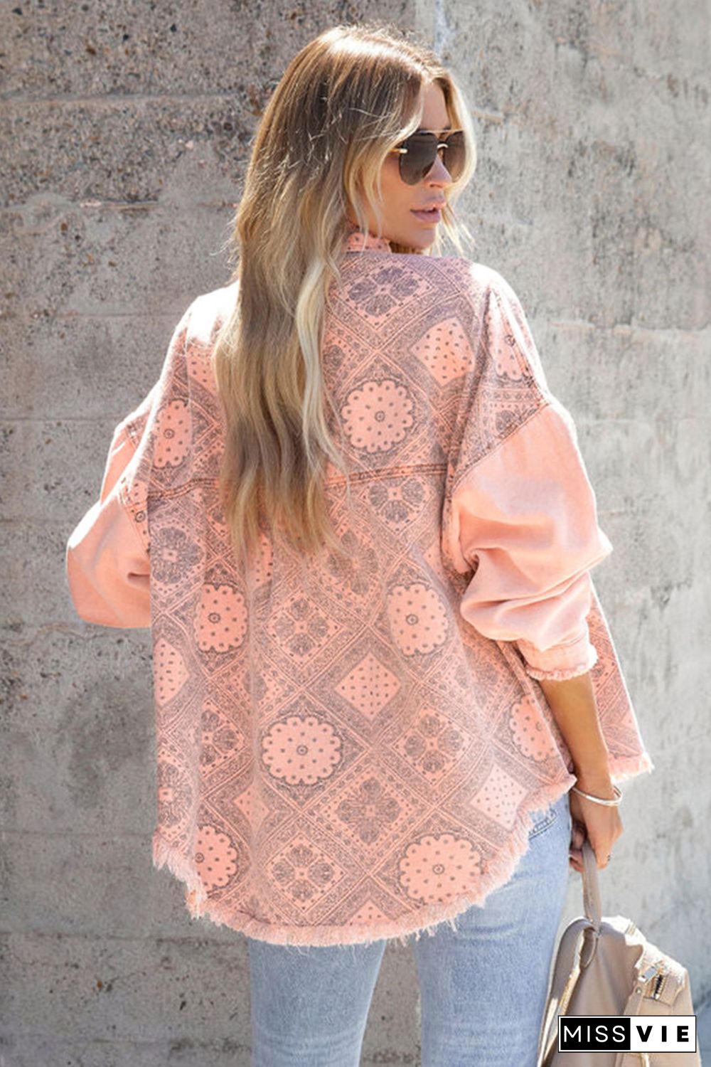 Pink Geometric Print Ripped Shirt Jacket with Pockets