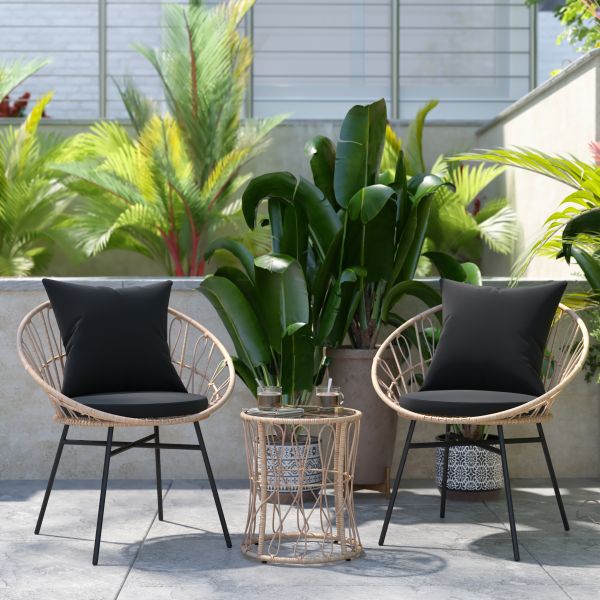 Devon 3-Piece Tan Indoor/Outdoor Bistro Set， Papasan Style Rattan Rope Chairs， Glass Top Side Table and Black Cushions