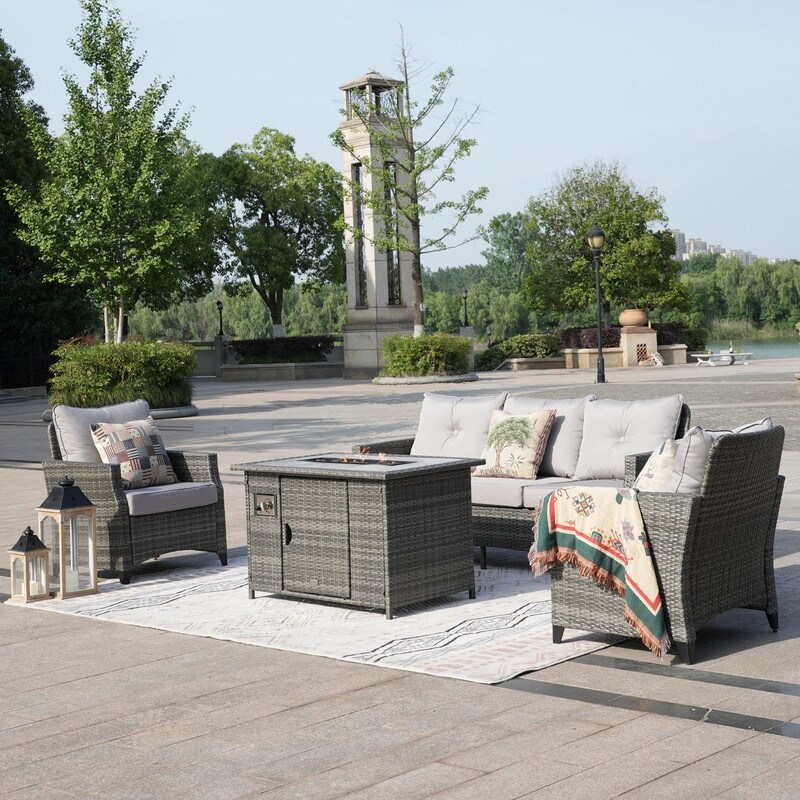 5 Piece Patio Rattan Sofa Set with Fire Pit Table