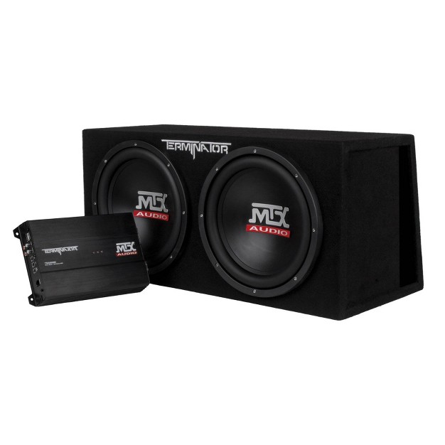 Mtx Tnp212dv 12 inch 2000 watt Dual Loaded Subwoofer Enclosure With Amplifier With Qpower Super Flex 4 Gauge 3000 Watt Amplifier Wiring Amp Kit