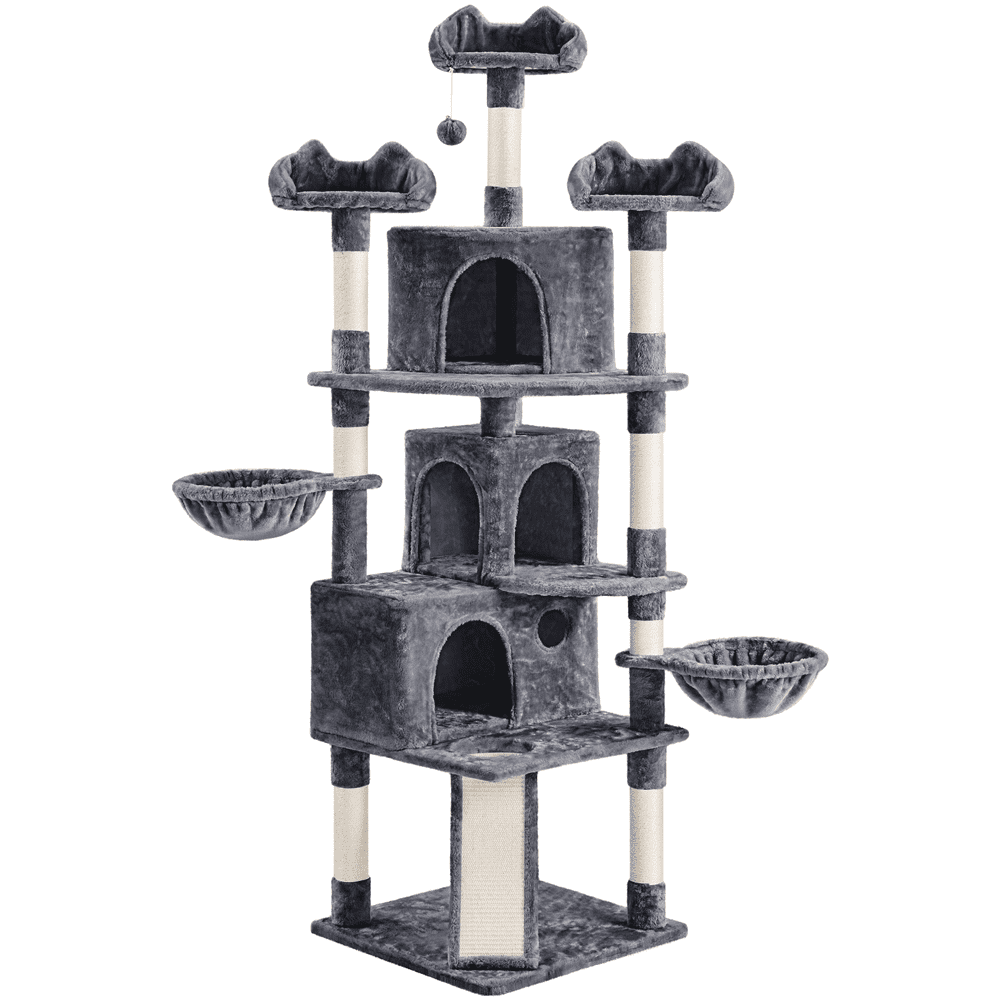 Easyfashion 76.5inch Large Cat Tree Tower with 3 Condos， Dark Gray