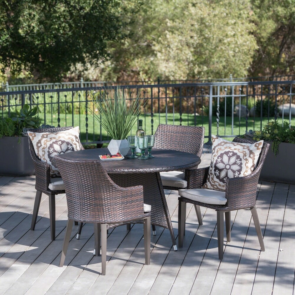 Hillhurst Outdoor 5 piece Round Wicker Dining Set with Cushions   Umbrella Hole by Christopher Knight Home