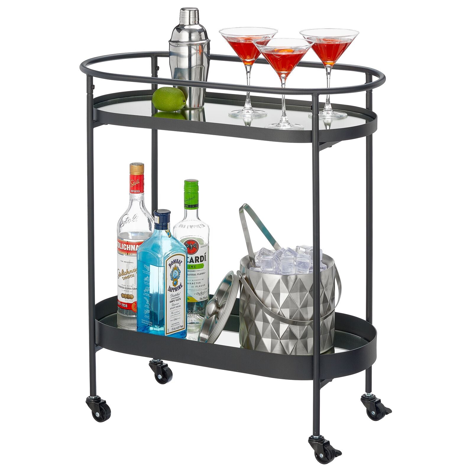 mDesign Stylish Modern Mirror Tray Top Rolling Serving Bar Cart - 2-Tier Oval Home Drink Rack Trolley Kitchen Furniture with Wheels for Wine， Coaster， Glass， Beer， and Drinks - Matte Black