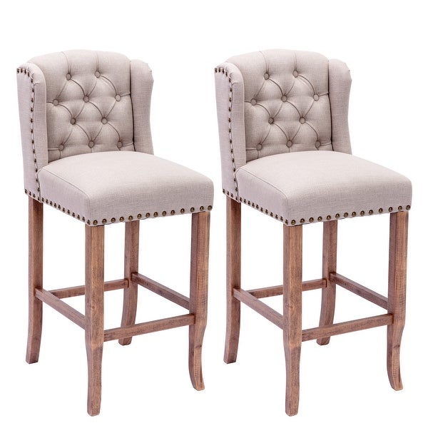 30 Inches Seat Height Bar Chairs Set of 2，Wing Back Farmhouse Nailhead Trim Upholstered Bar stools in Cream